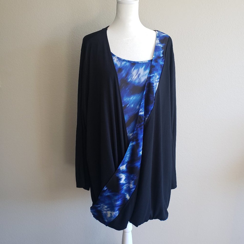 Catherines Blouse Top Plus Size 2X Black Blue Stretch Crossover Bubble Hem NEW